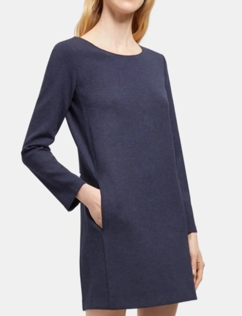 Theory Sz S Long Sleeve Double Knit Jersey Mini Dress Pockets Navy Blue